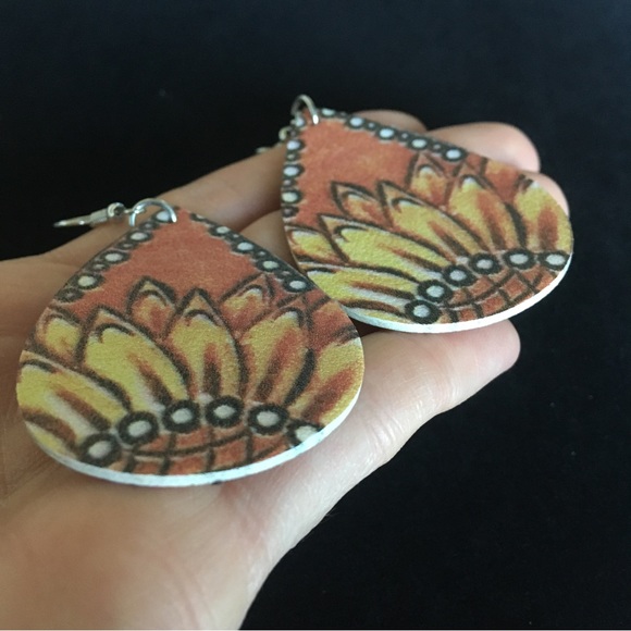 Orange and Yellow Boho Sunflower Dangle Earrings - Picture 3 of 7